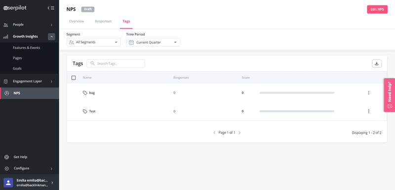 A screenshot of how you can tag users in userpilot 