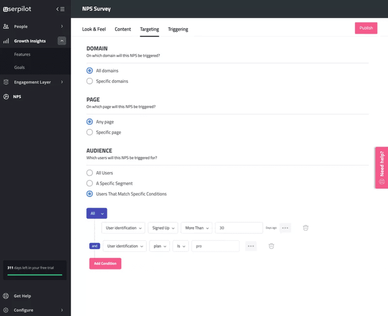 negative nps score survey targeting userpilot