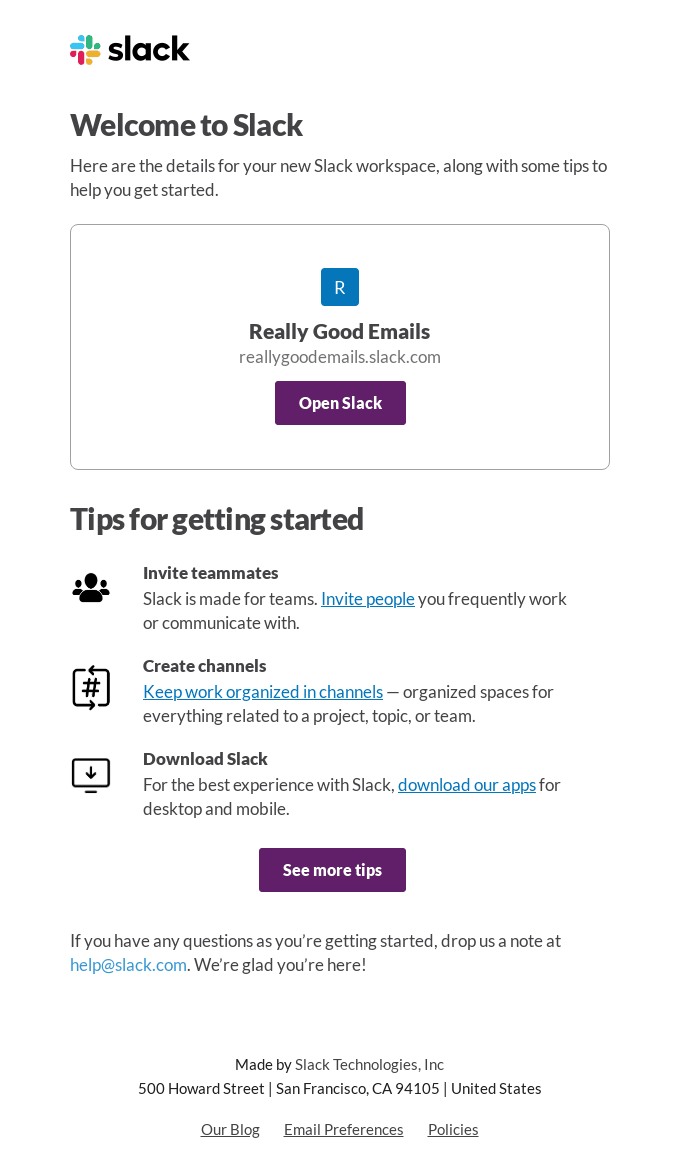 slack welcome email