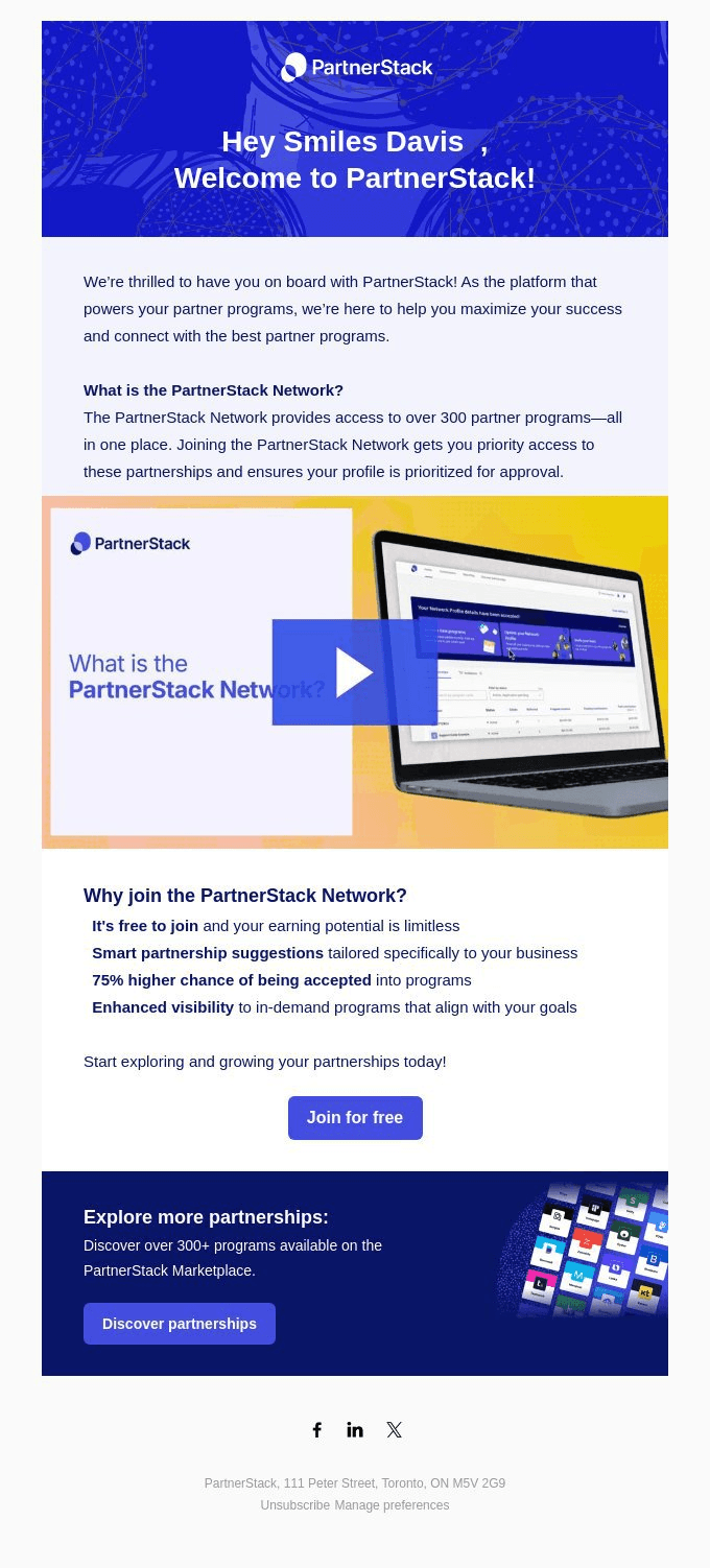 PartnerStack’s initial welcome email.