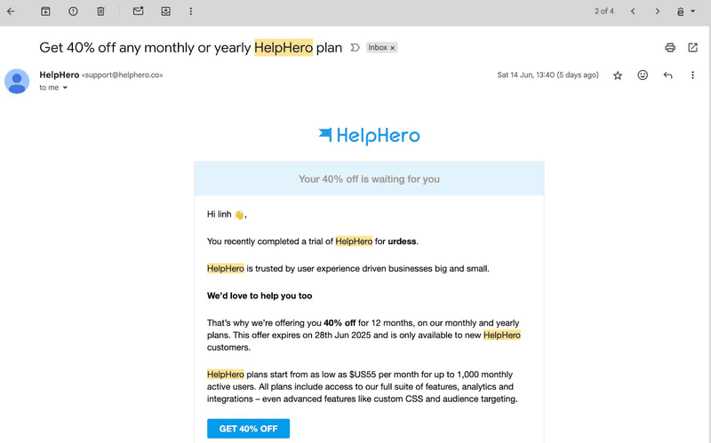 Onboarding email from HelpHero.