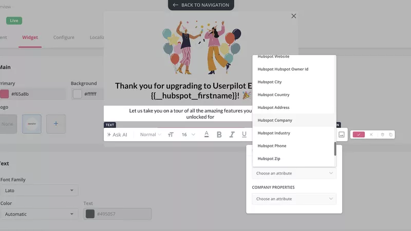 Personalized in-app experiences in Userpilot based on Hubspot data