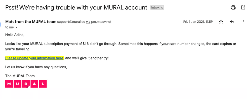 post-dunning email from MURAL