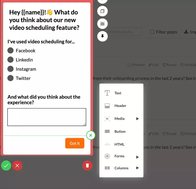 Postfity feedback form after launching a feature