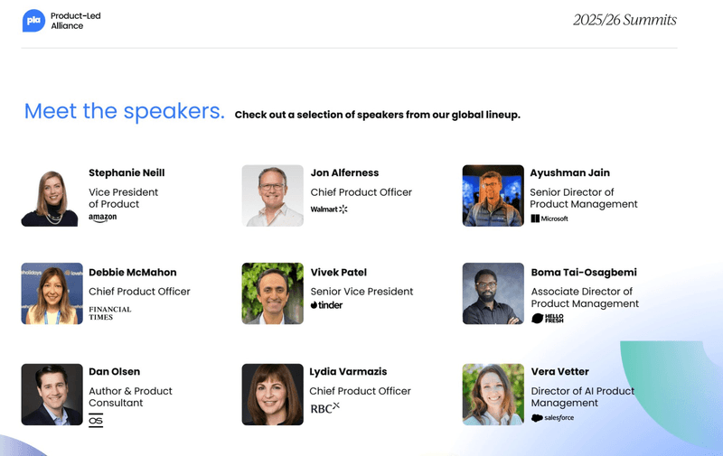 Product-Led Summit 2025/26 speaker lineup featuring global product leaders.