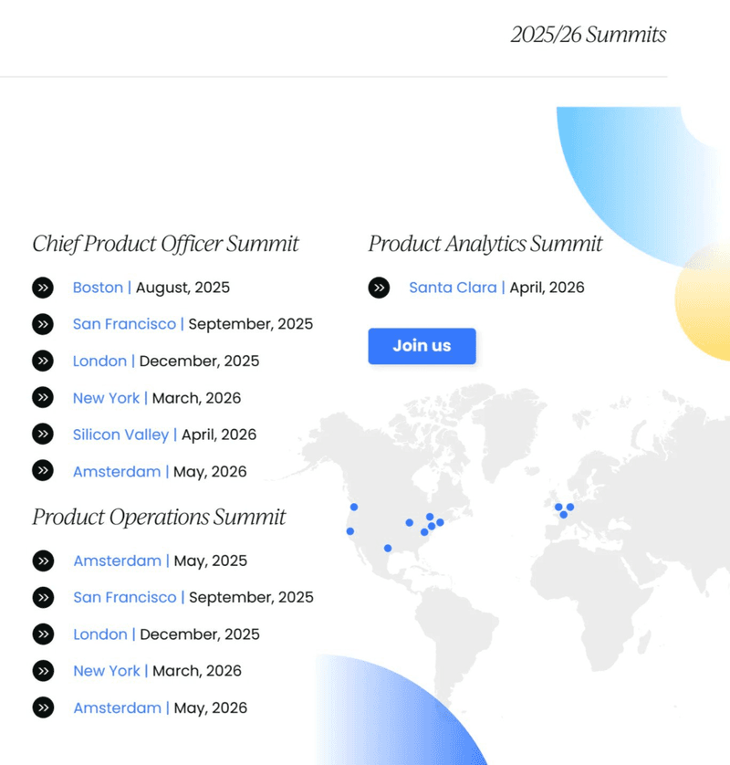 Upcoming 2025/26 summits for CPOs, product ops, and analytics across global cities.