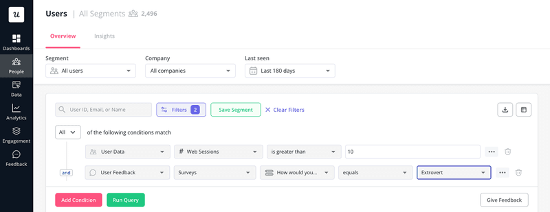 Screenshot of how to build segments on Userpilot