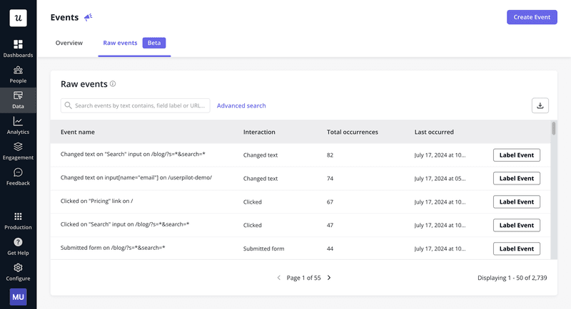 Raw event auto-tracking in Userpilot