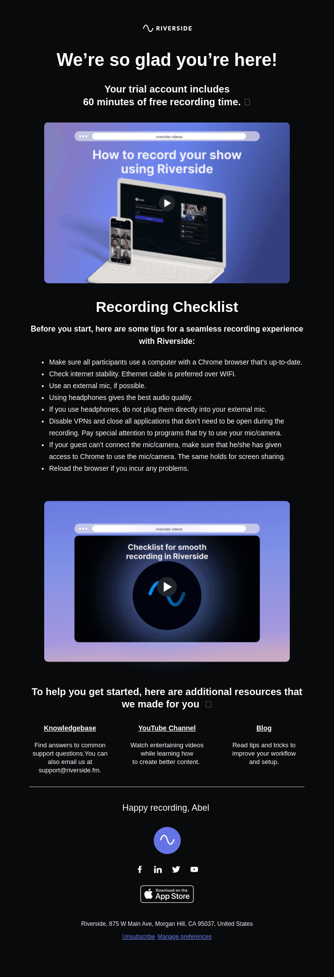 Riverside onboarding email template