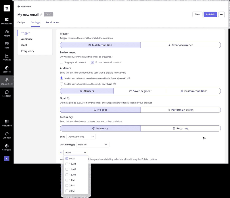 Userpilot allows you to schedule emails and send them when they will have the most impact.
