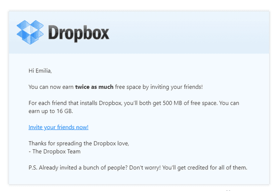 Dropbox referral email