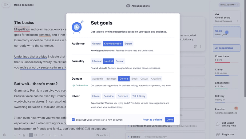 Grammarly enables users to set their own goals.
