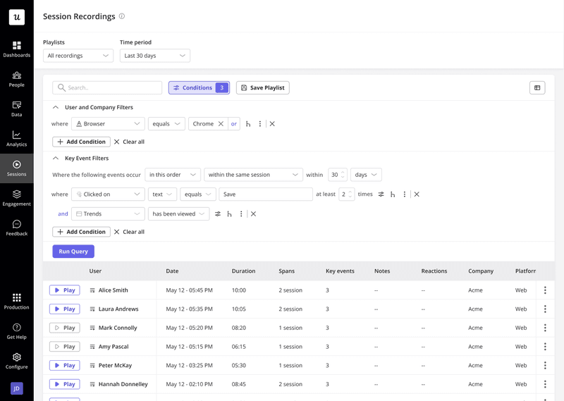 Session recording results and filters in Userpilot