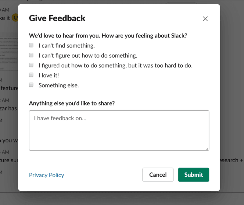 Slack multiple-choice in-app satisfaction survey