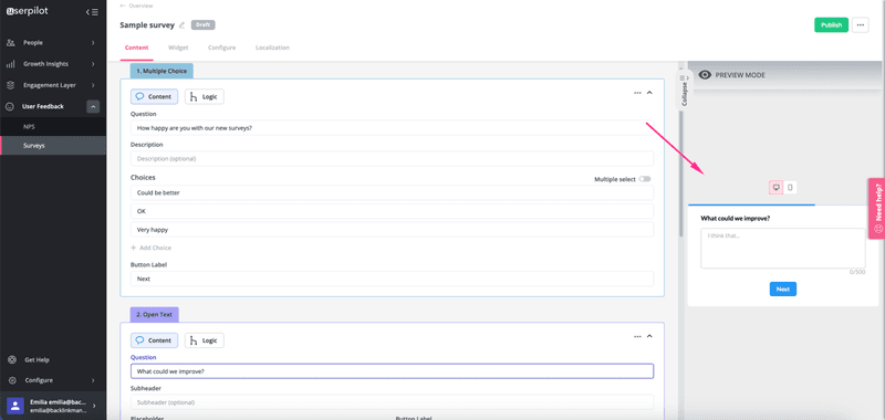 Two-question in-app survey SaaS