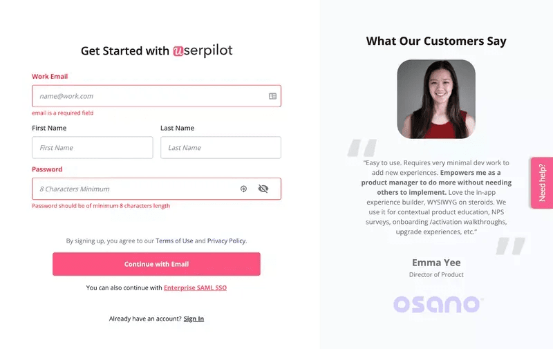feedback error message in userpilot