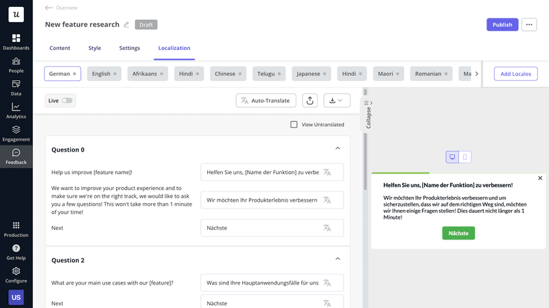 Customer survey localization in Userpilot.
