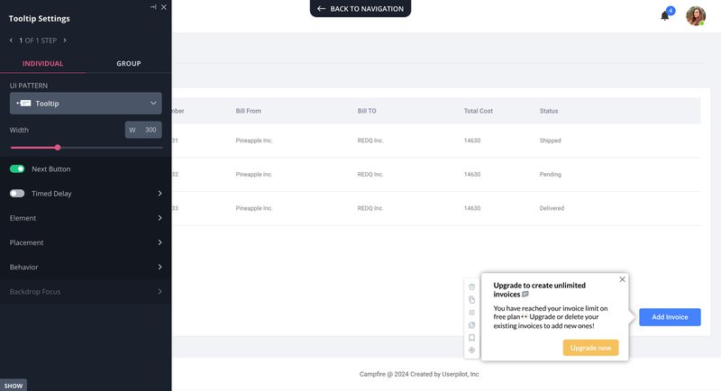 Tooltip settings in Userpilot