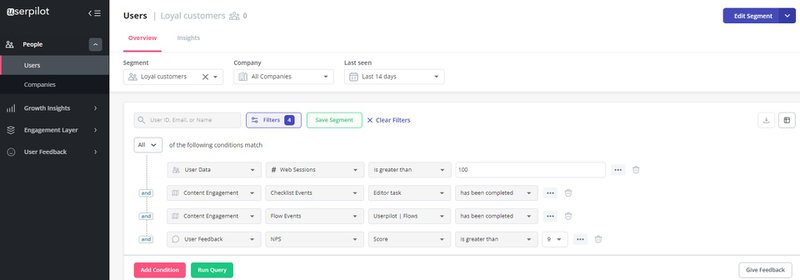A screenshot of segmenting users in Userpilot