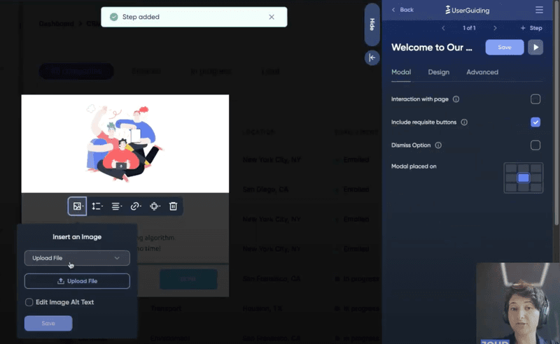 Userguiding's onboarding workflow being demo'd where new steps are added 
