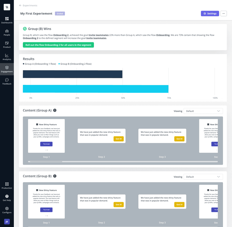 Userpilot AB testing dashboard