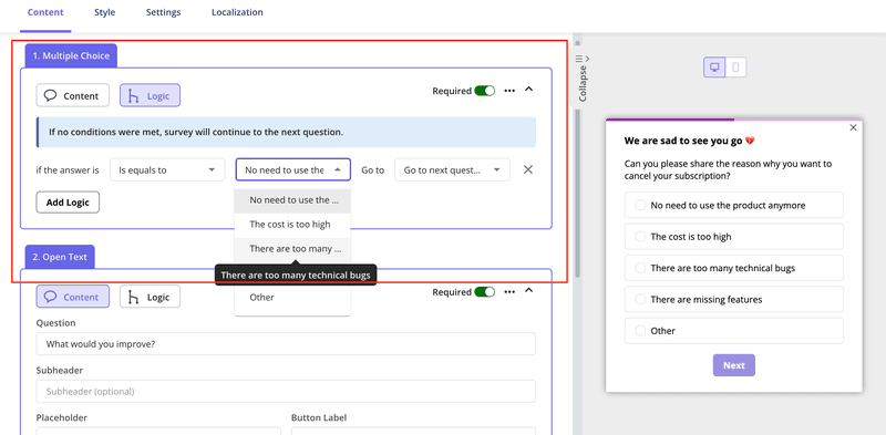 create churn survey with userpilot