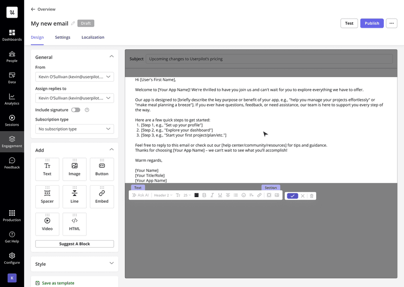 Customizable email builder in Userpilot