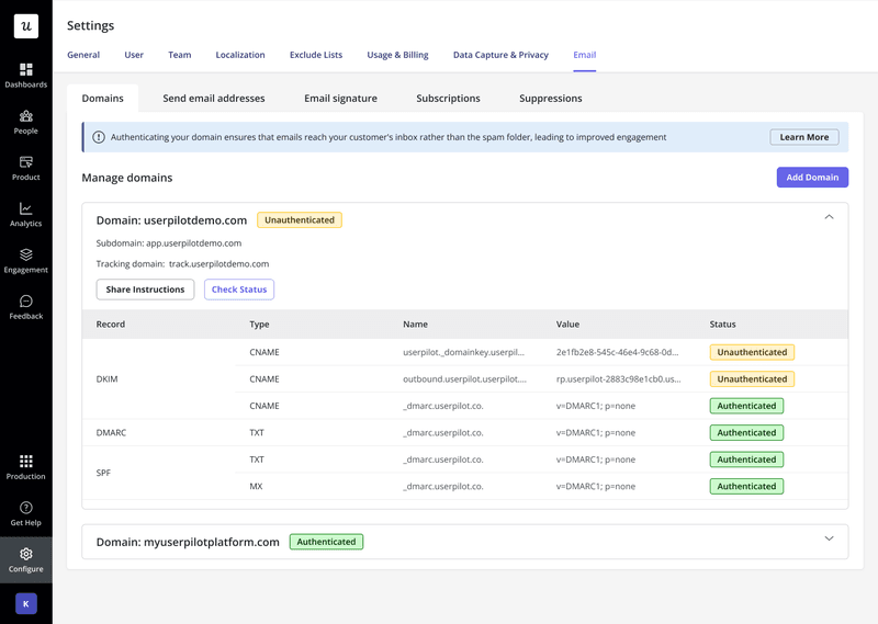 custom sending domain in userpilot