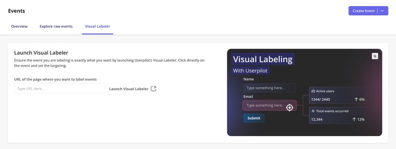 Userpilot Visual Labeler interface used to autocapture front-end user events for segmentation.