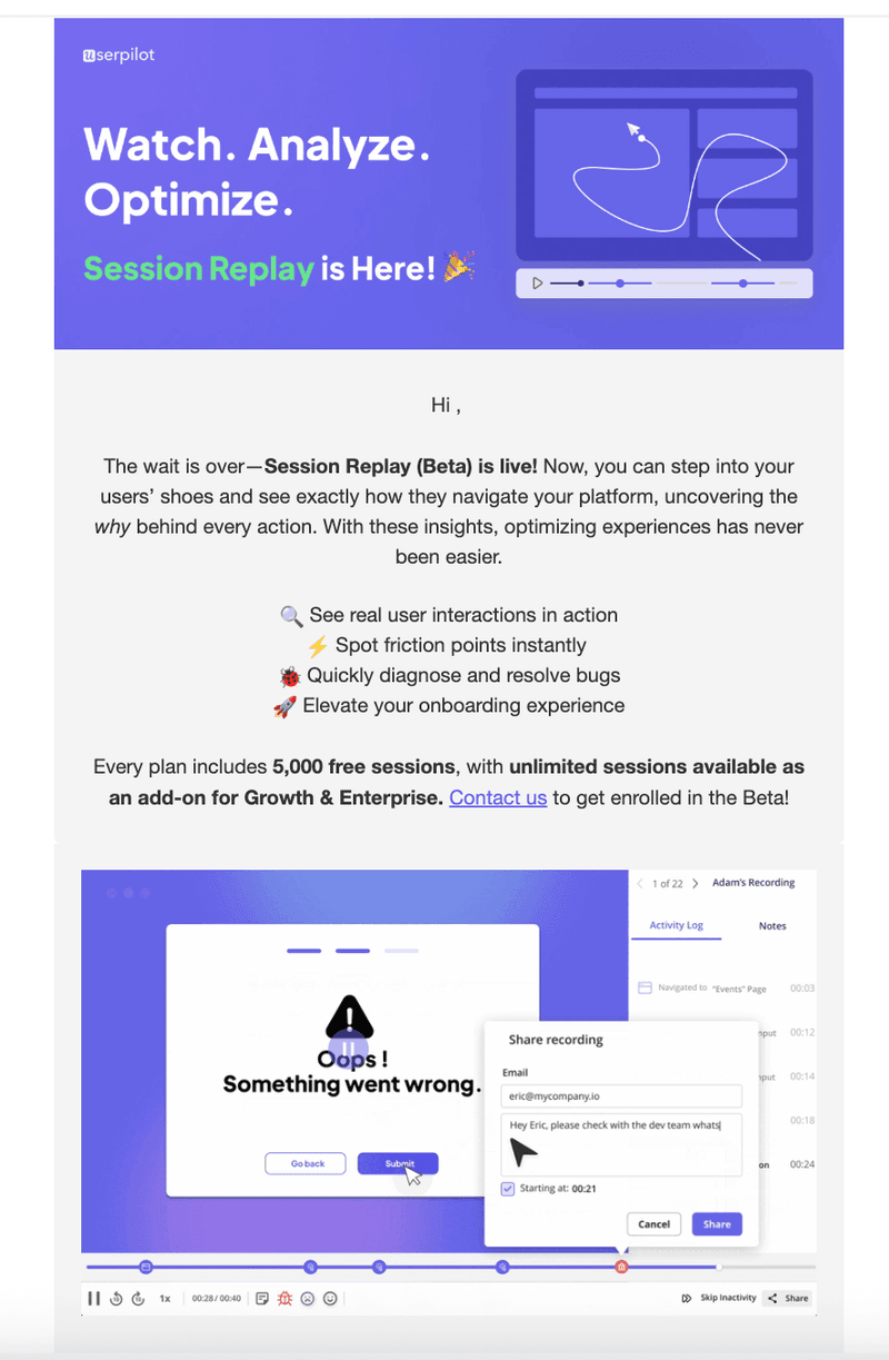 Userpilot’s feature announcement mail for session replay.
