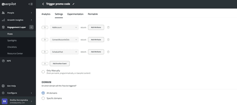 Userpilot in-app flow triggers
