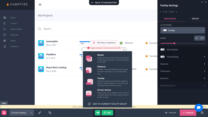 Userpilot UI elements for in-app marketing automation