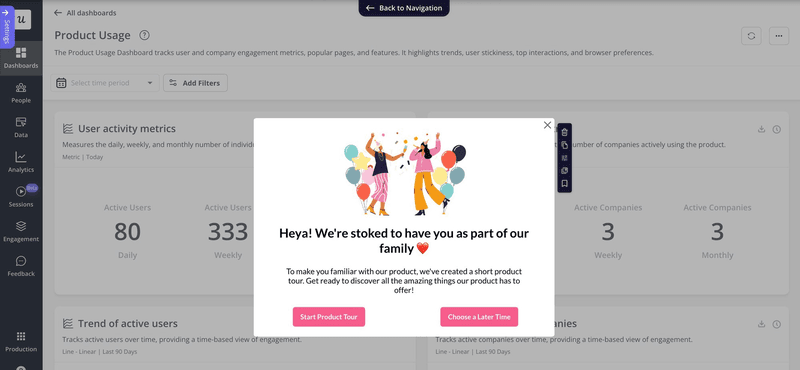 A welcome screen modal invites the user to tour the product.