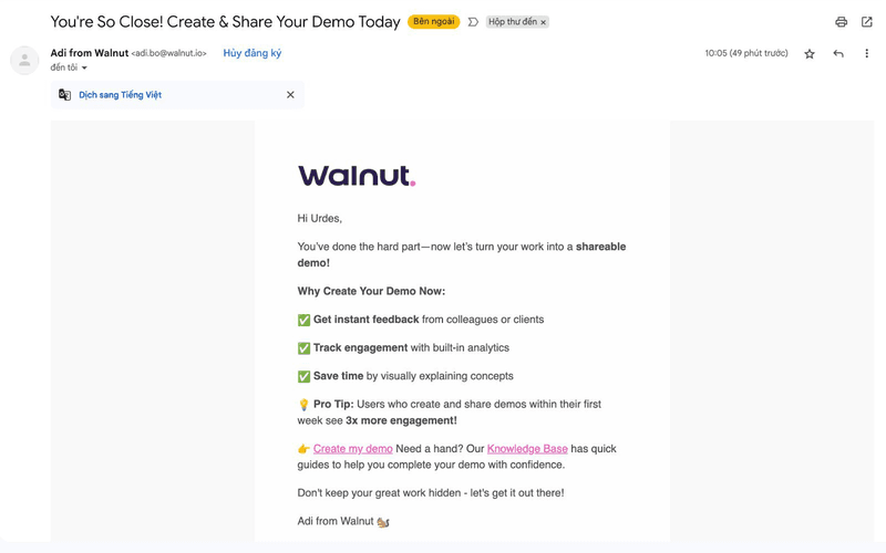 Walnut’s demo activation email.