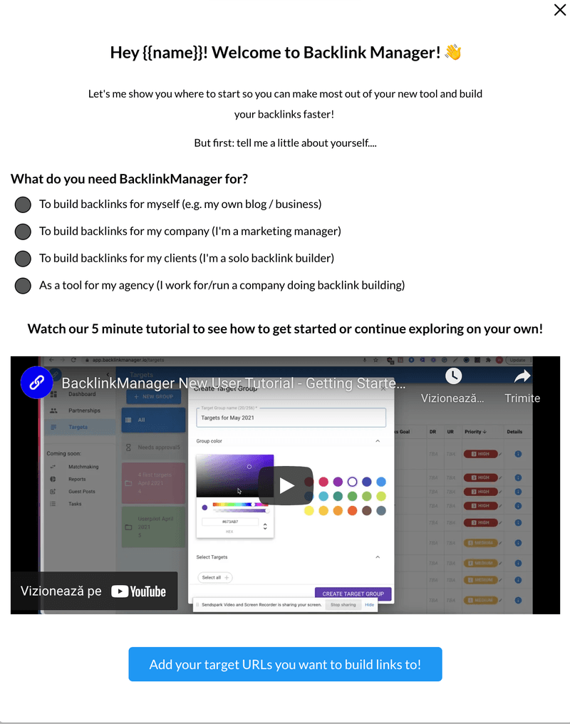 Backlink Manager's welcome screen
