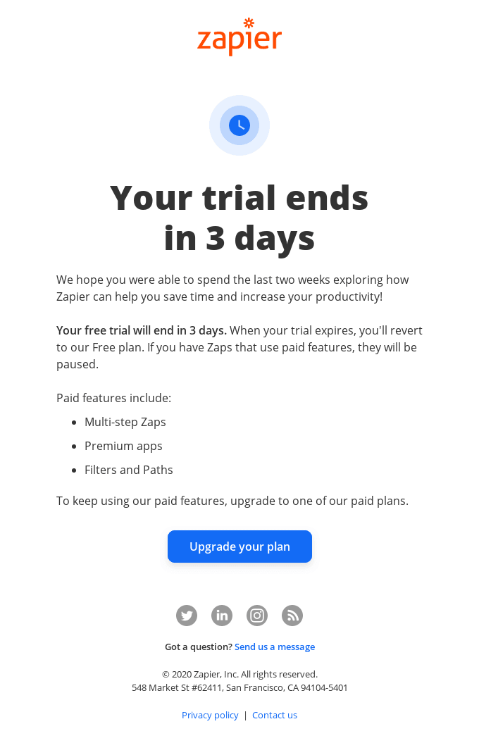 Zapier's expiry warning email