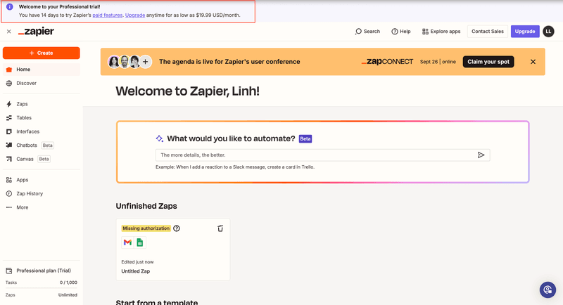 Zapier's upselling example