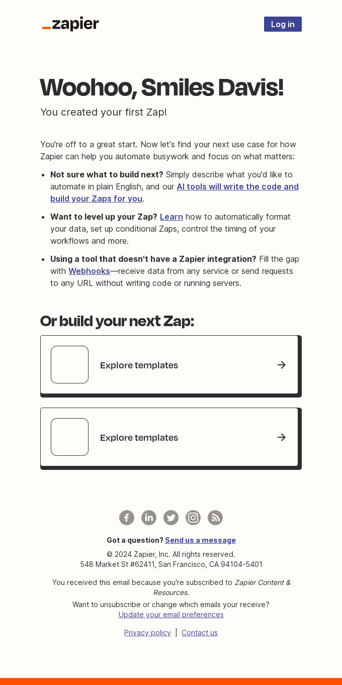 Zapier onboarding email template.