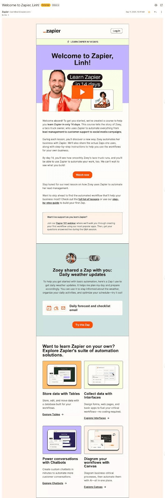 Zapier’s welcome email