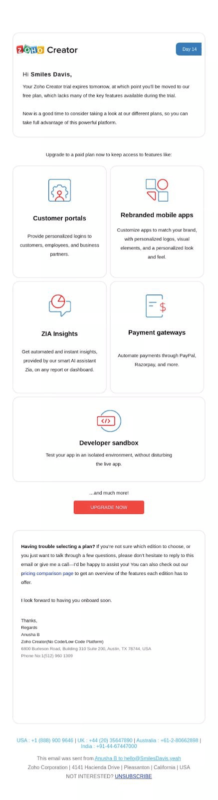 Zoho end-of-trial email campaigns