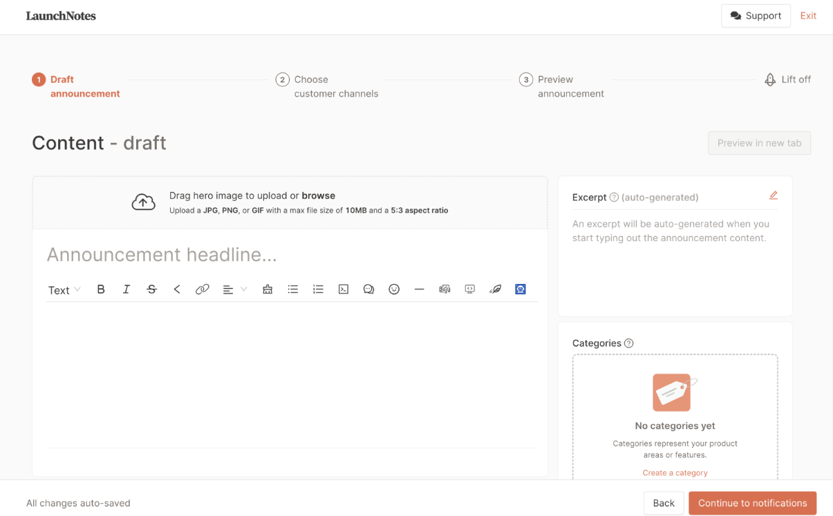 LaunchNote uses empty states to inform users about how to use the page.