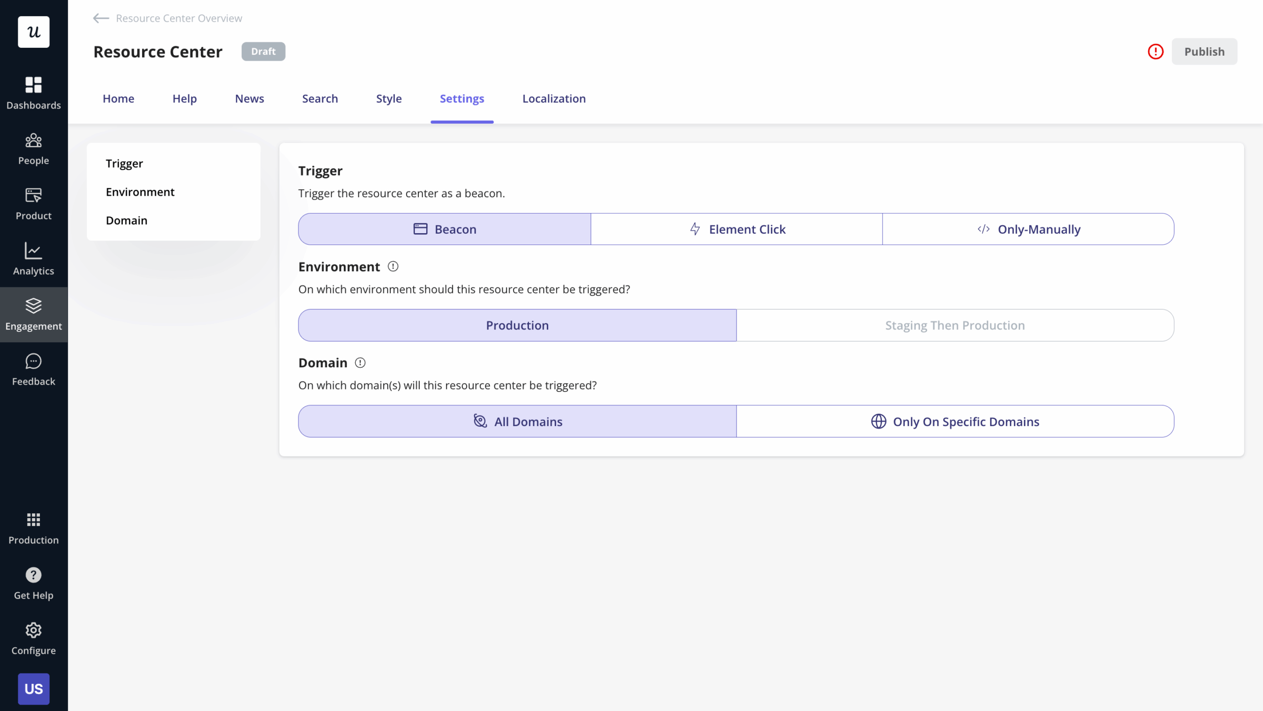 Triggering settings of the resource center