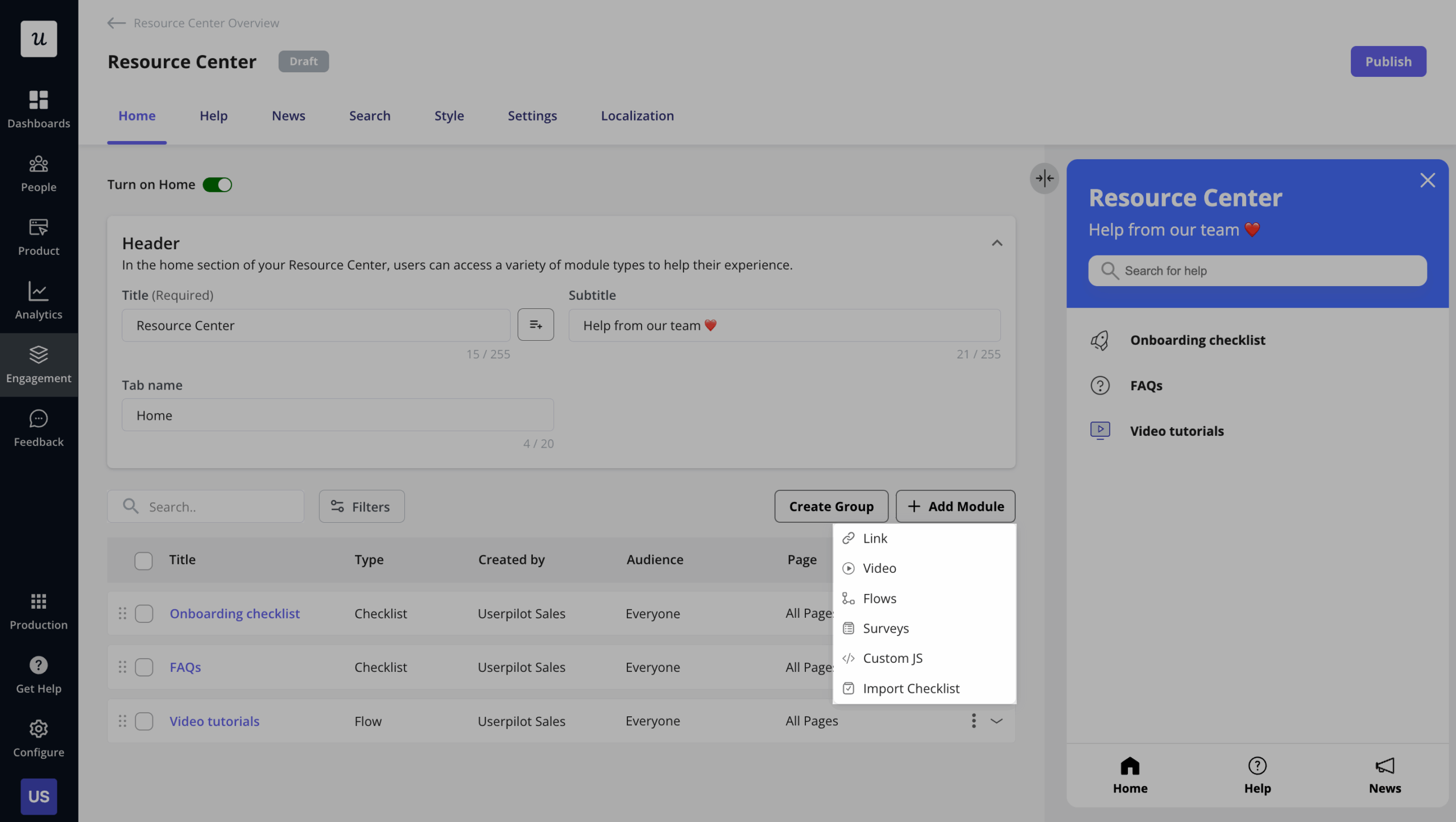 Different modules in Userpilot's resource center