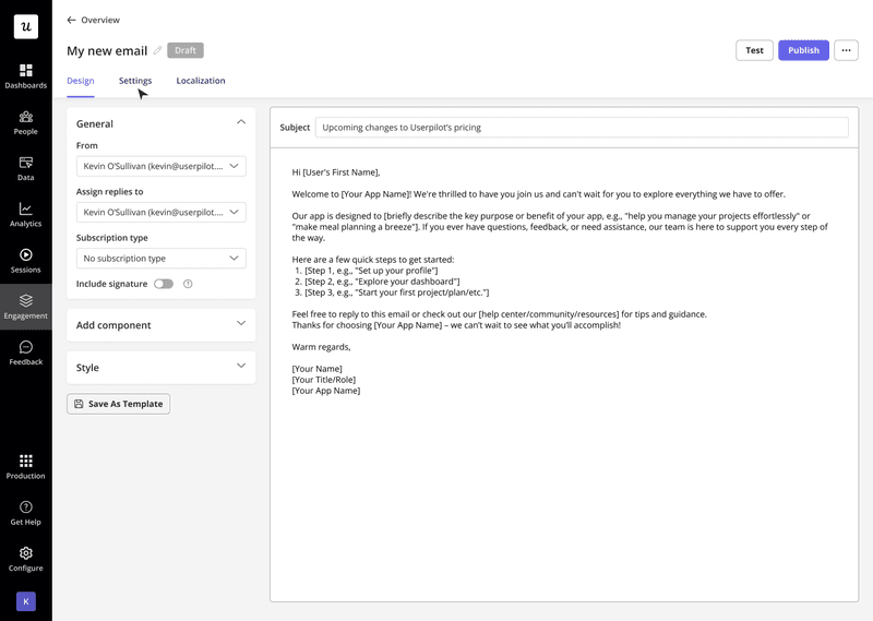 Personalize email content dynamically using user properties in Userpilot's email builder.