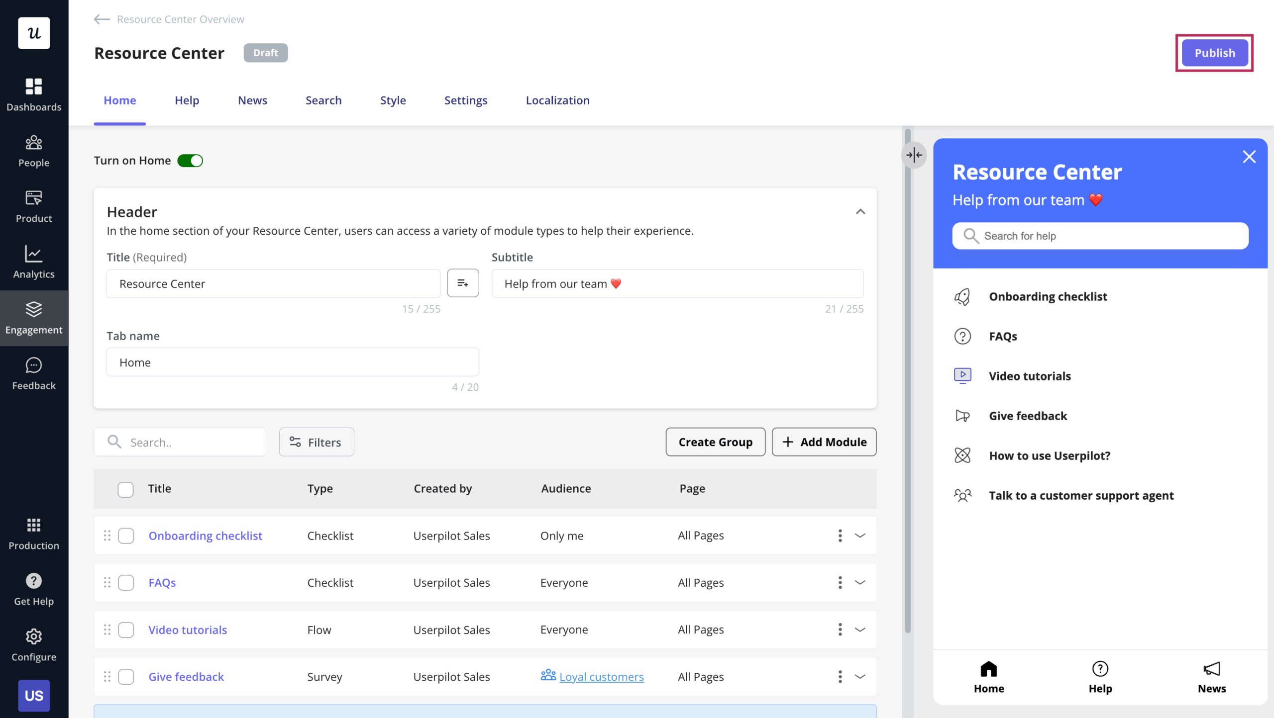 Publishing the resource center