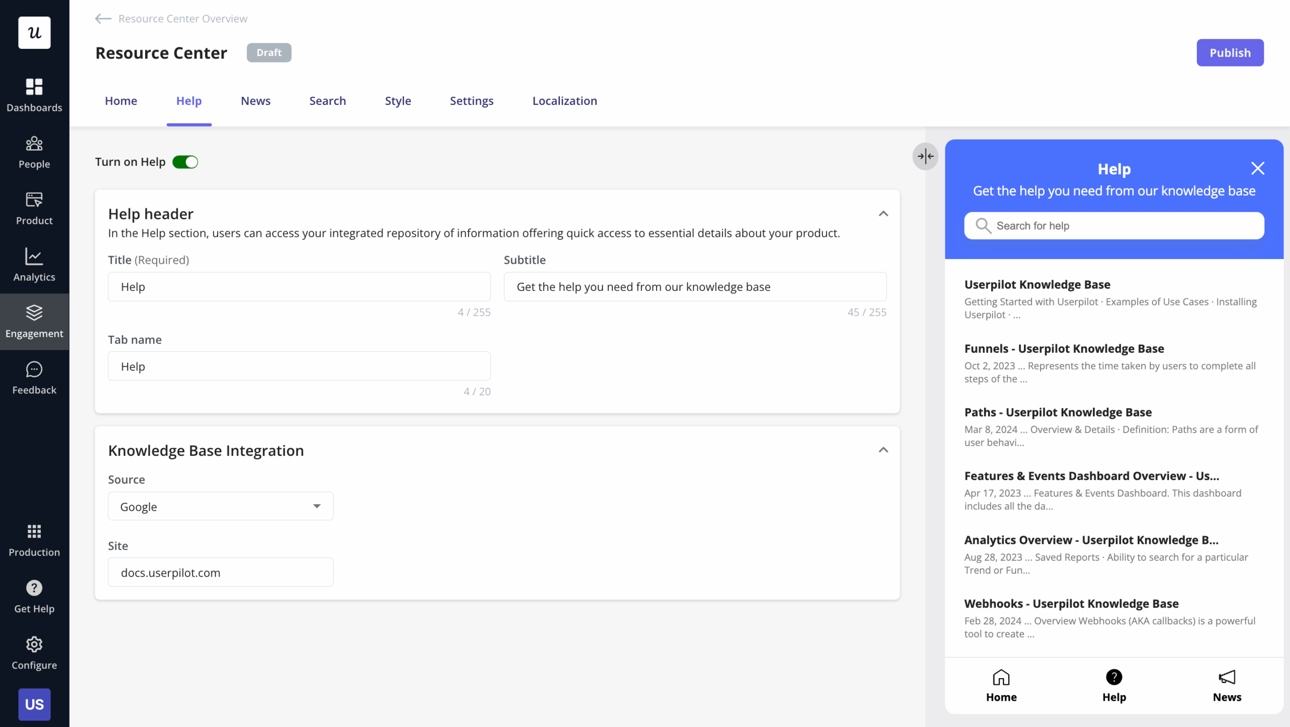 Adding a knowledge base in the resource center