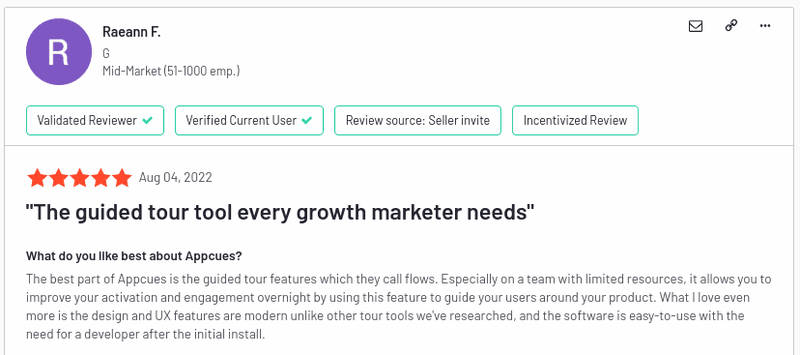 Screenshot of positive Appcues review