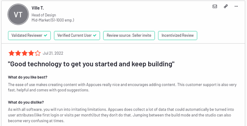 Screenshot of positive Appcues review