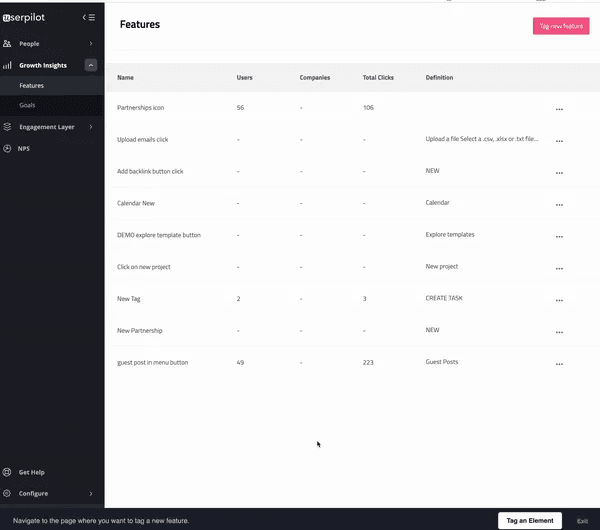 Feature tagging on Userpilot.