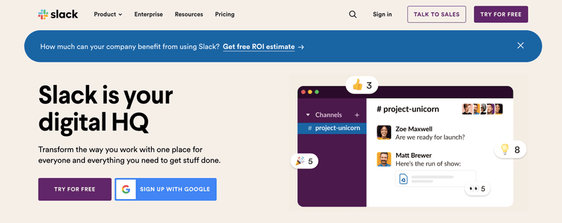 Screenshot of Slack home page.